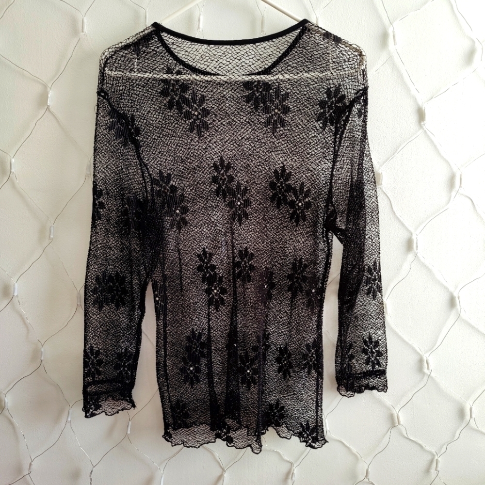 Lace Long Sleeve Top •  Pullover • Black • See-Through • Size Medium